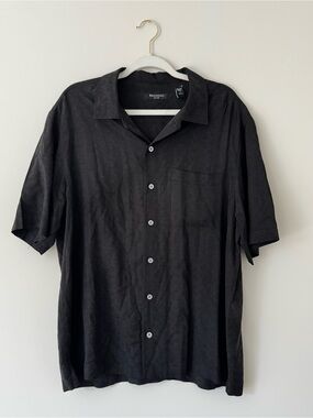 Brandini 100% Pure Silk Textured Short Sleeve Button Down, Black – Men’s Large